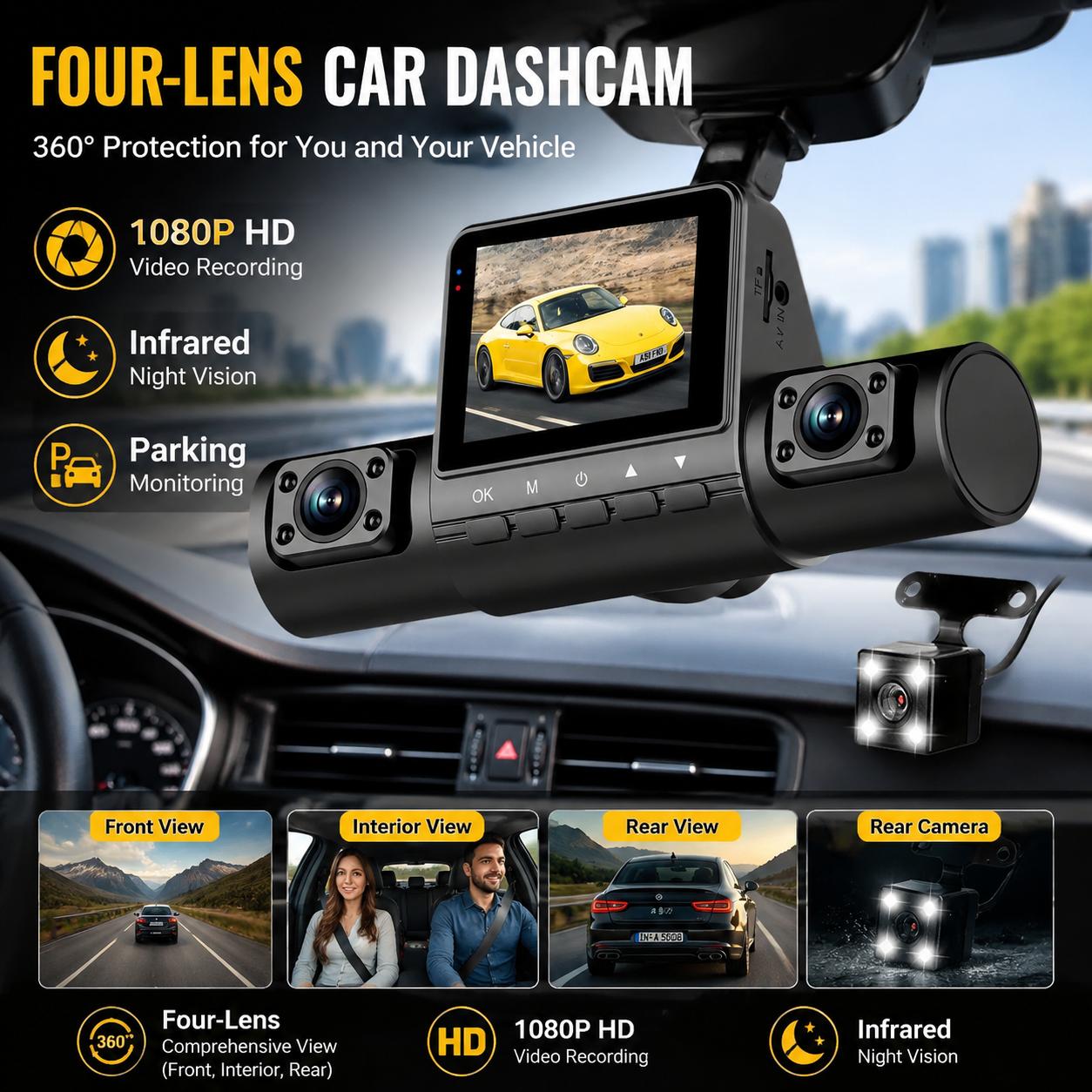 Dash Cam a 4 Lenti 1080P Full  - Dash Cam 360 Degree Panoramic recensione e prezzo